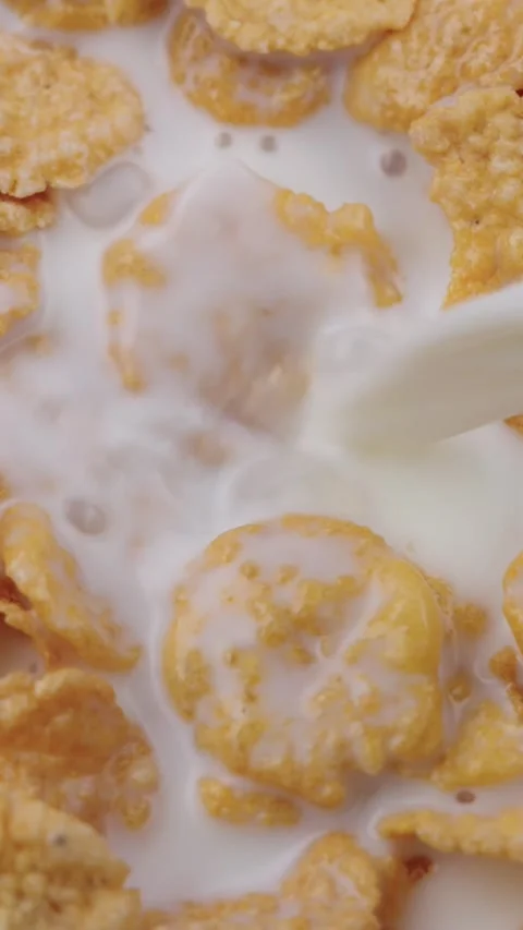 Vertical closeup of crispy cornflakes with milk being poured over them in a bowl Stock Footage 318472756