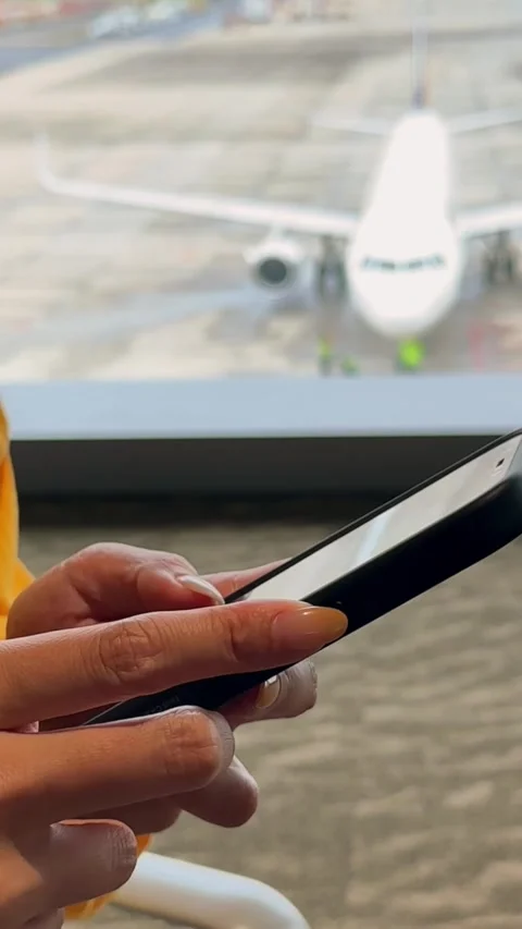 Vertical closeup of a hand using a smartphone in an airport terminal Stock Footage 311423724