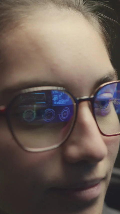 Vertical Closeup Portrait of Female Programmer in Eyeglasses Stock Footage 259935353