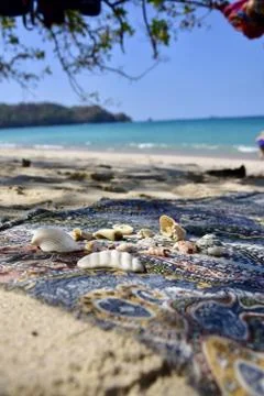 Vertical closeup shot of small seashells on a patterned textile in the beach Foto stock