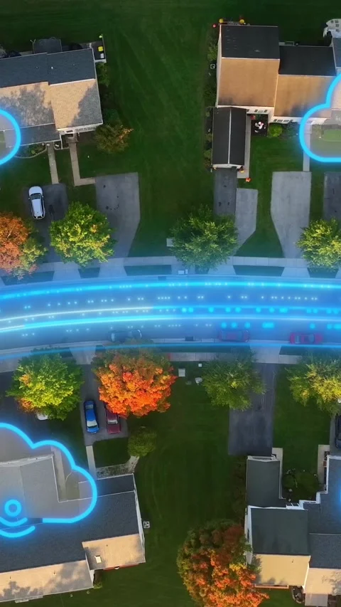 Vertical of Cloud Computing and WiFi Animation Over American Homes. Aerial Stock Footage 332775793