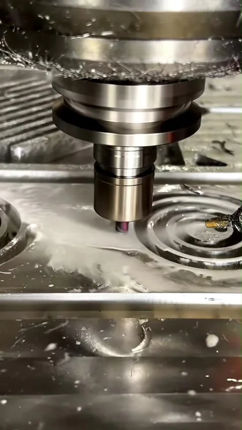 Vertical CNC Milling Machine Metal Processing with Coolant Stock Footage 332965610