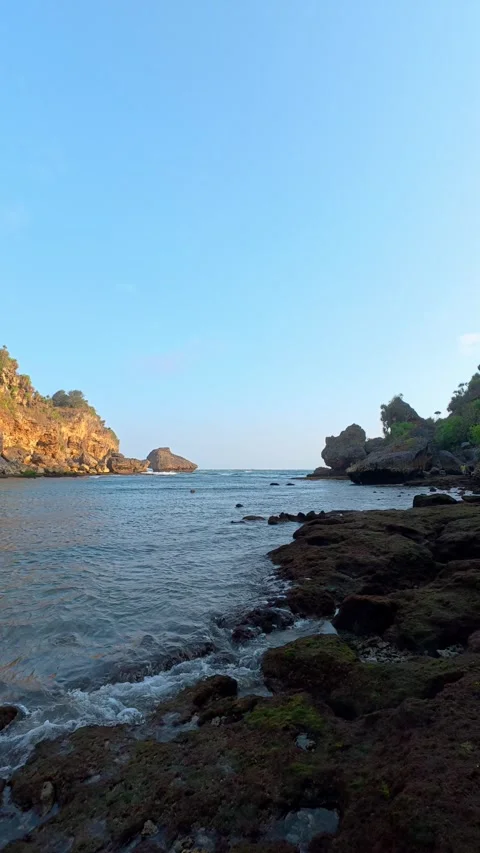 Vertical coastal view of rocky tropical cove beneath clear blue sky Stock Footage 346739445