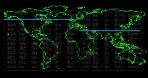 Vertical code cols appearing cyan scan bars sweeping green map outline pulsing Stock Footage 331161551