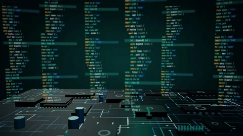 Vertical code columns over a teal circuit board with chip clusters 3D animation Stock Footage 340201208
