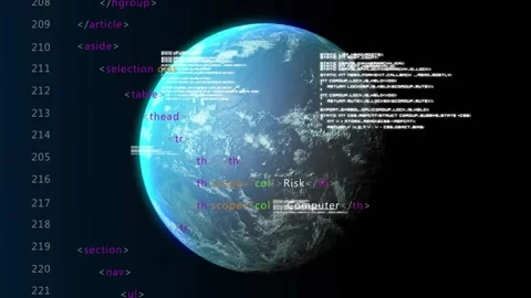 Vertical code editor appearing, globe rotating while security tags streaming, Stock Footage 329500287