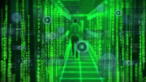 Vertical code starting, man walking down neon grid aisle, HUD panels appearing Stockbeeldmateriaal 335212038