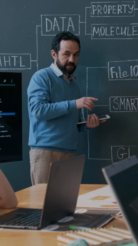 Vertical of Coding Teacher Interacting with Students by Blackboard at Lesson Video stock 308940043