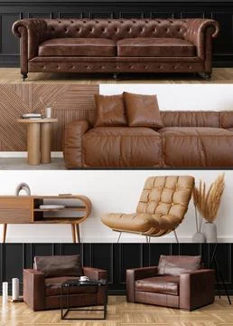 Vertical collage with brown leather sofas and armchairs in contemporary interior Stock Illustration