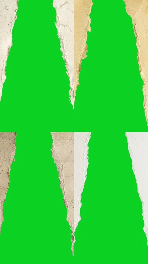 Vertical collage four split torn paper textures revealing animated on green Stockbeeldmateriaal 335217015