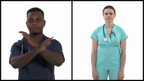 Vertical collage of multiracial doctors demonstrating disapproval gesture by Stock Footage 129571471