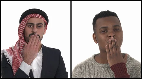 Vertical collage of multiracial millennial men sending air kisses. Body language Stock Footage 129393348