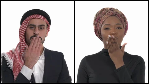 Vertical collage of multiracial young people sending air kiss. Body language and Stock Footage 129393255