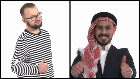 Vertical collage of two handsome men showing thumbs up. Gestures and body Stock-Footage 129567982