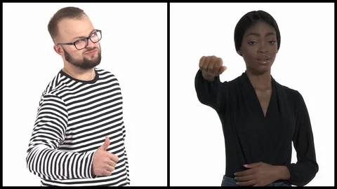 Vertical collage of two millennial multiracial people showing thumbs up. Stock Footage 129567823