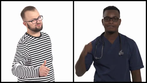 Vertical collage of two multiracial businessman and doctor showing thumbs up. Stock Footage 129568674
