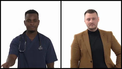 Vertical collage of two multiracial men demonstrating No sign using index Stock Footage 129570121