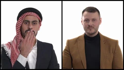 Vertical collage of two multiracial young men sending air kisses. Body language Video stock 129393496