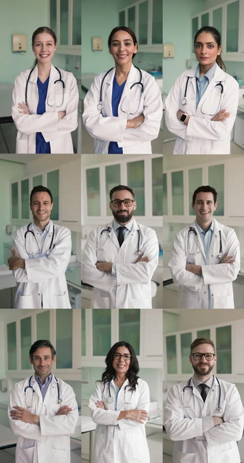 Vertical collage view group of multinational doctors posing in clinic Stock Footage 283228622