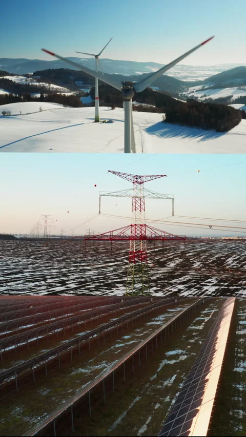 Vertical collage of wind turbine, power lines and solar panels in winter Stock Footage 343106171