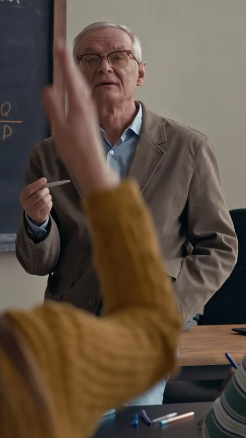 Vertical of College Students Engaging with Senior Lecturer in Economics Class Stock Footage 332303802