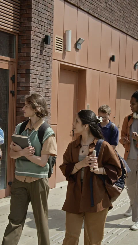 Vertical of College Students Walking and Talking near Campus Building Stock Footage 342124178