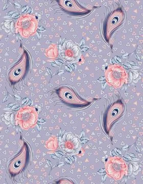 A vertical colorful seamless pattern wallpaper background feathers in purple  Illustrazione stock