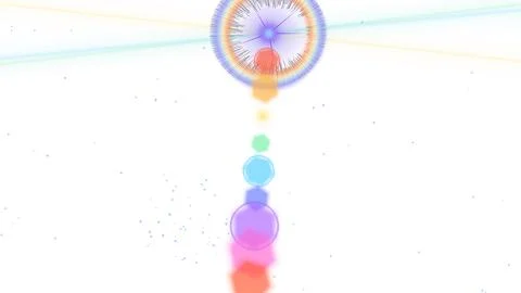 Vertical column of blurred rainbow-colored circles and hexagons below a rad.. Fotos de archivo