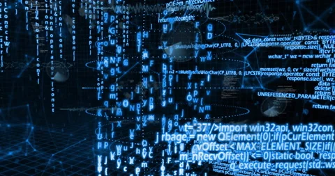 Vertical column featuring glowing blue code floating in orbital paths pie chart Stock Footage 309101312