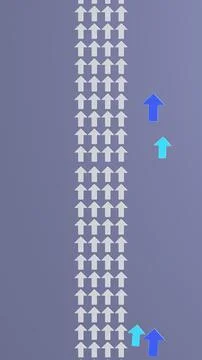 Vertical column of white arrows with blue arrows diverging in abstract 3D c.. Stock Photos