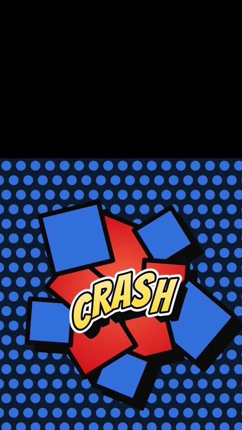 Vertical comic style crash text floating on moving blue halftone dots, top area Stock Footage 336784061