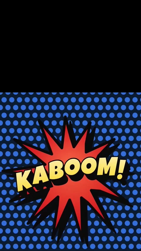 Vertical comic style kaboom text floating on moving blue halftone dots, top Stock Footage 336783963