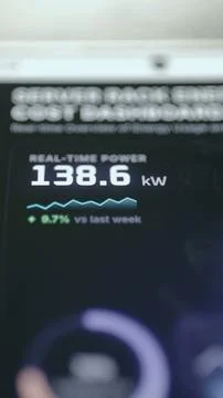 Vertical commercial frame of a live server energy panel displaying 138.6 Stock-Fotos