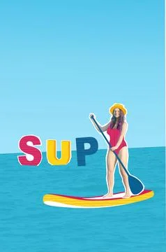 Vertical composite collage image sketch summer activity concept. Woman sailin 스톡 사진