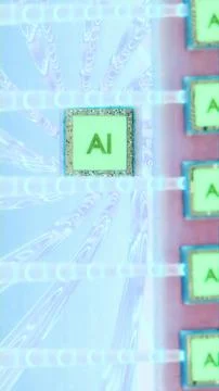 Vertical composition of a glowing AI microchip surrounded by fiber-optic lo.. Stock Illustration