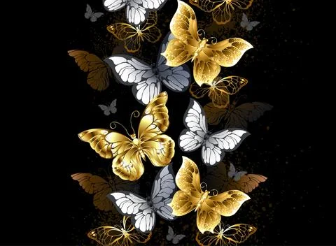 Vertical composition of golden butterflies Stock Illustration