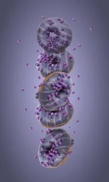 Vertical composition of levitating purple donuts with glaze and flying spri.. Stock Photos