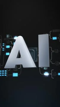 Vertical composition of metallic AI lettering surrounded by glowing data イラスト素材