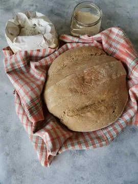 Vertical composition with rye bread, flour and sourdough Foto stock