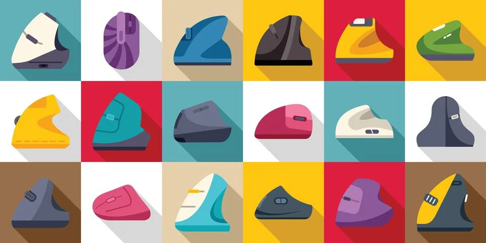Vertical computer mouse icons set. Ergonomic computer mice icons showing di.. Illustrazione stock