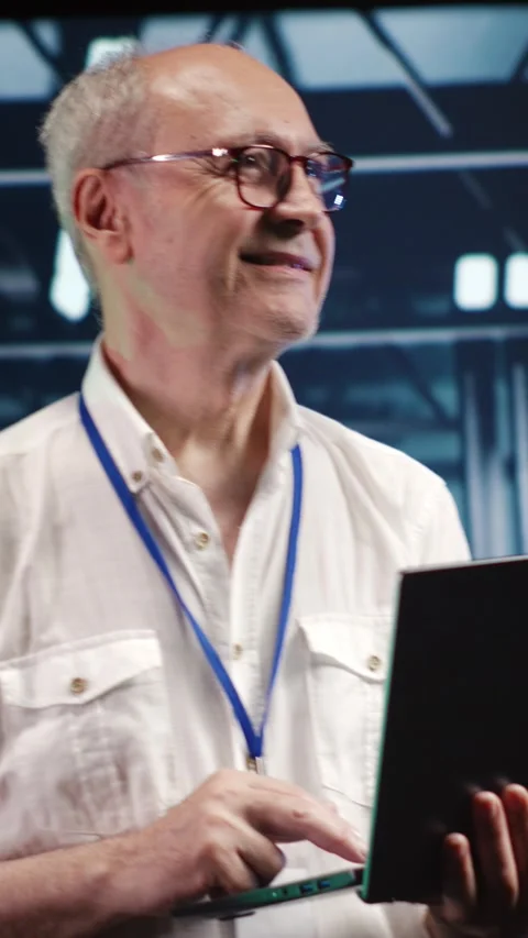 Vertical Computer scientist optimizes data center Stock Footage 247623149
