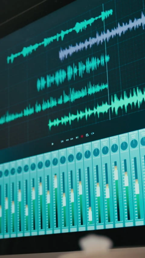 Vertical of Computer Screen with Audio Editing Software in Studio 스톡 동영상 301884194