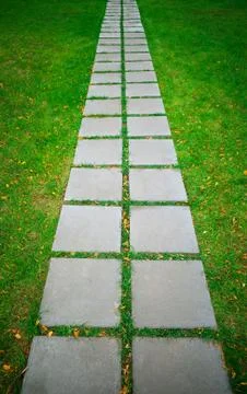 Vertical concrete path surrounded by green grass texture background Stock Photos