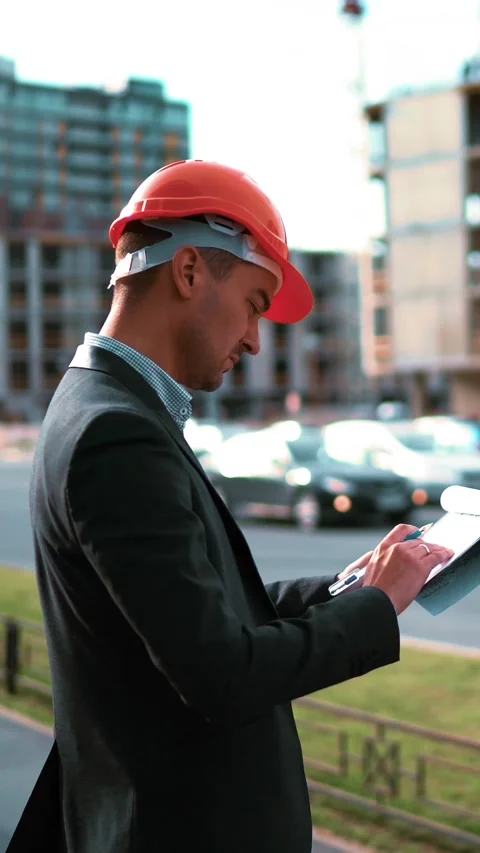 Vertical of Construction worker. Architect look at paper plan of building Stock Footage 305516655