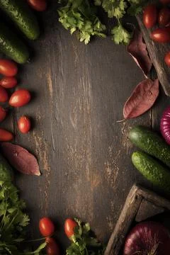 Vertical copy space background autumn background. Rustic table vegetables and Stock Photos
