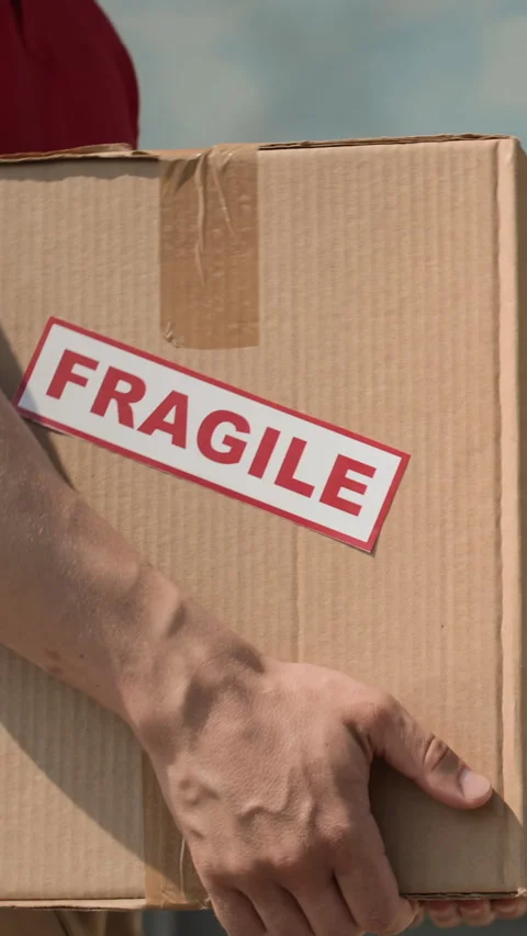 Vertical of Courier Carrying Fragile Parcel in Box Stock Footage 280960429