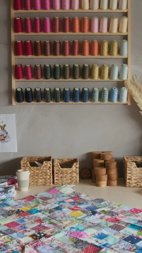 Vertical of Craft Workshop with Patchwork Quilt on Cutting Table 스톡 동영상 315770935