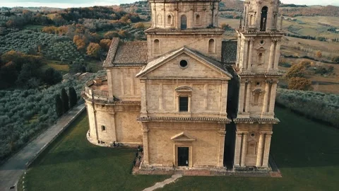 Vertical Crane Up Along the Facade of Saint Biagios Church in Montepulciano Stock Footage 295126039