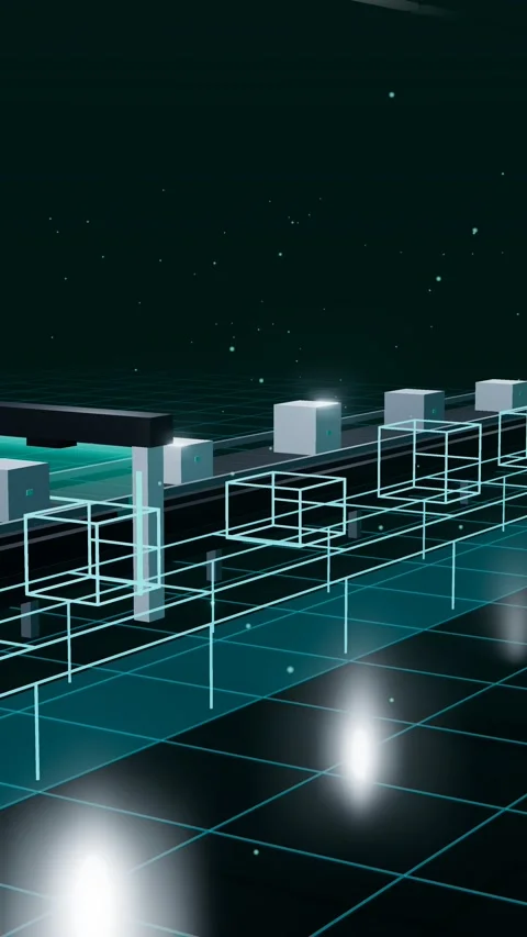 Vertical Crates Running A Fast Scanner As Their Wireframe Twins Run Ahead In A Stock Footage 344640156