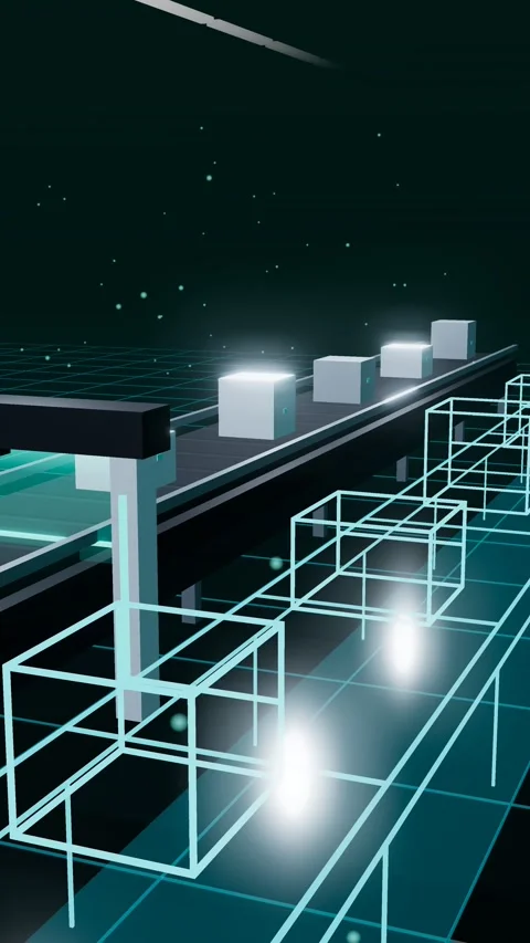 Vertical Crates Running A Fast Scanner As Their Wireframe Twins Run Ahead From Stock-Footage 344640225